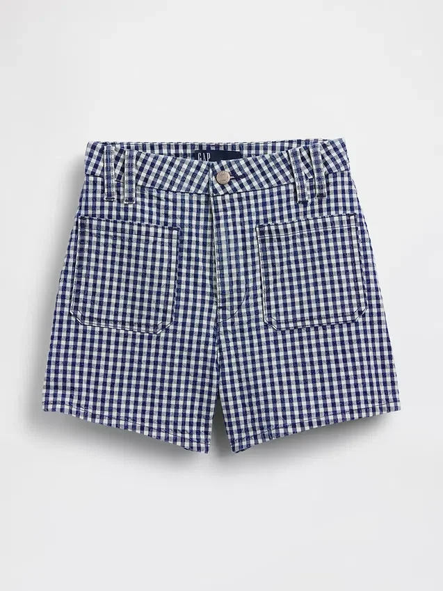 3,5" høye, avslappede, rette denimshorts i gingham-mønster
