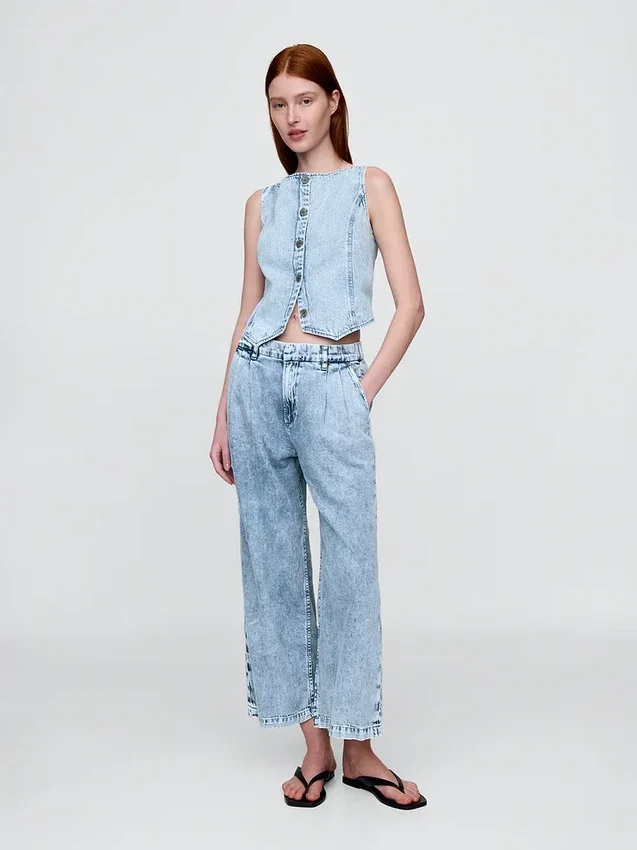 365 høyt liv, ultramyke denim-plisserte ankelbukser