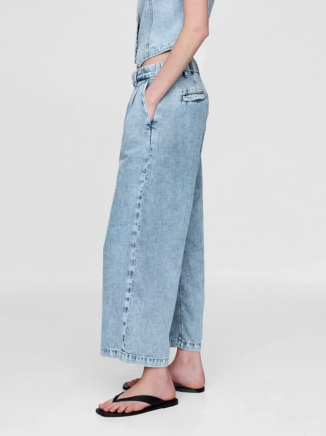 365 høyt liv, ultramyke denim-plisserte ankelbukser