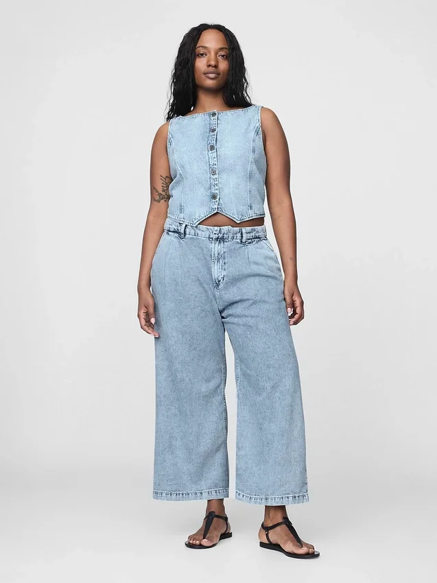 365 høyt liv, ultramyke denim-plisserte ankelbukser