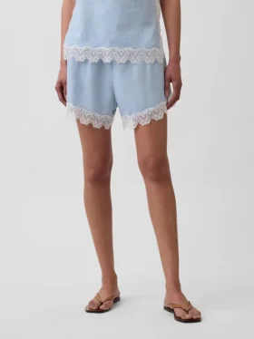 4″ Shorts i linblanding med midjehøyde og blonderkant