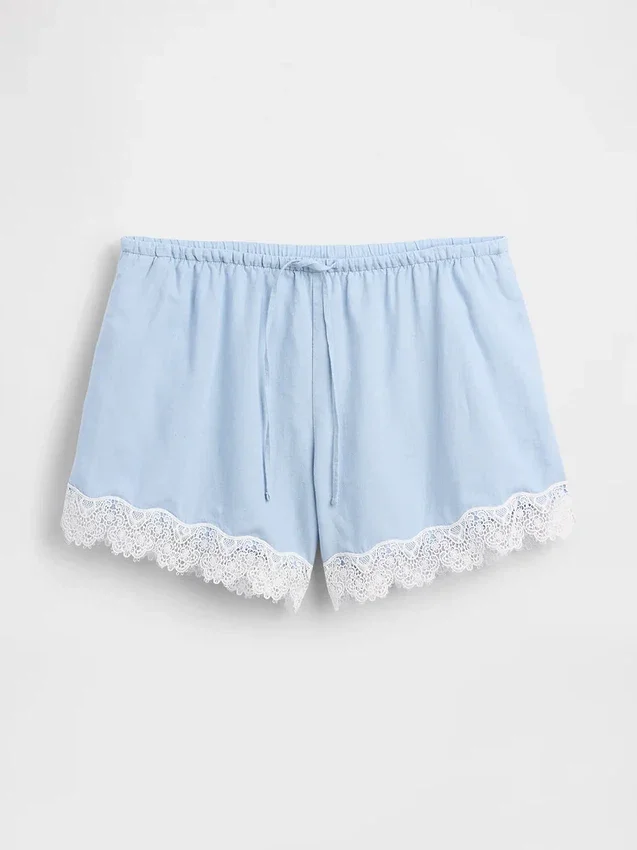 4" Shorts i linblanding med midjehøyde og blonderkant