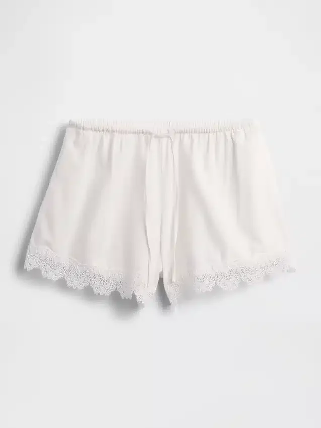 4" Shorts i linblanding med midjehøyde og blonderkant