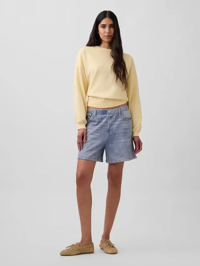 5" mid-rise, trykte strikkede denim-Shorts