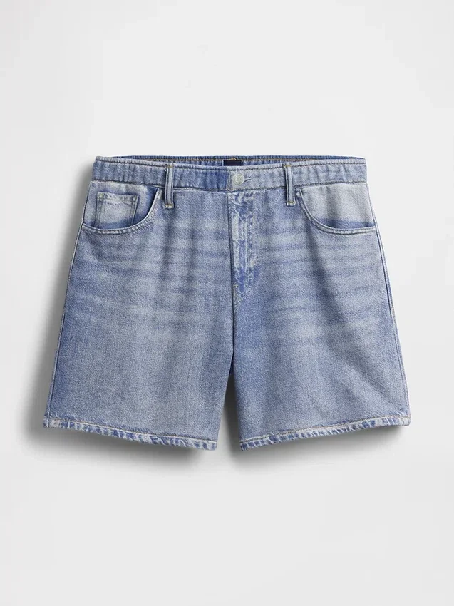 5" mid-rise, trykte strikkede denim-Shorts