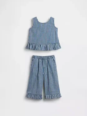 Antrekk til Baby og Småbarn i gingham-denim med volanger nederst