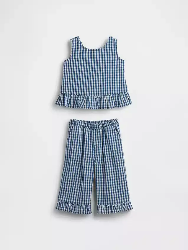 Antrekk til Baby og Småbarn i gingham-denim med volanger nederst