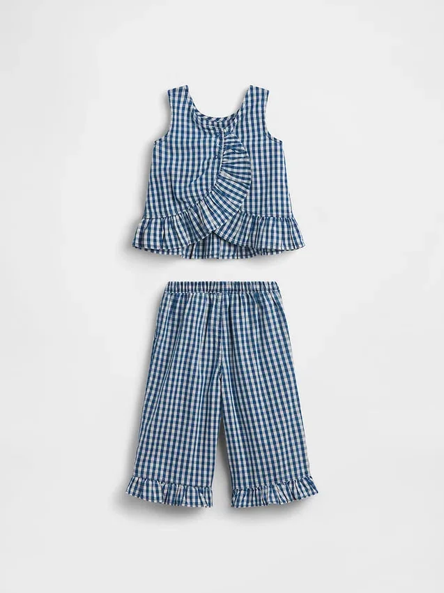 Antrekk til Baby og Småbarn i gingham-denim med volanger nederst