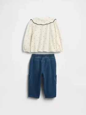 Baby-antrekk med topp med krage og bukser med elastisk linning