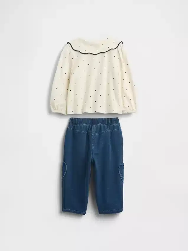 Baby-antrekk med topp med krage og bukser med elastisk linning