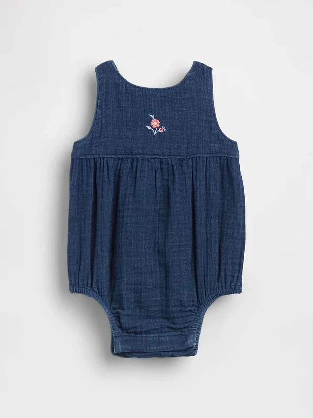 Baby-body i bomullsgasbind og denim
