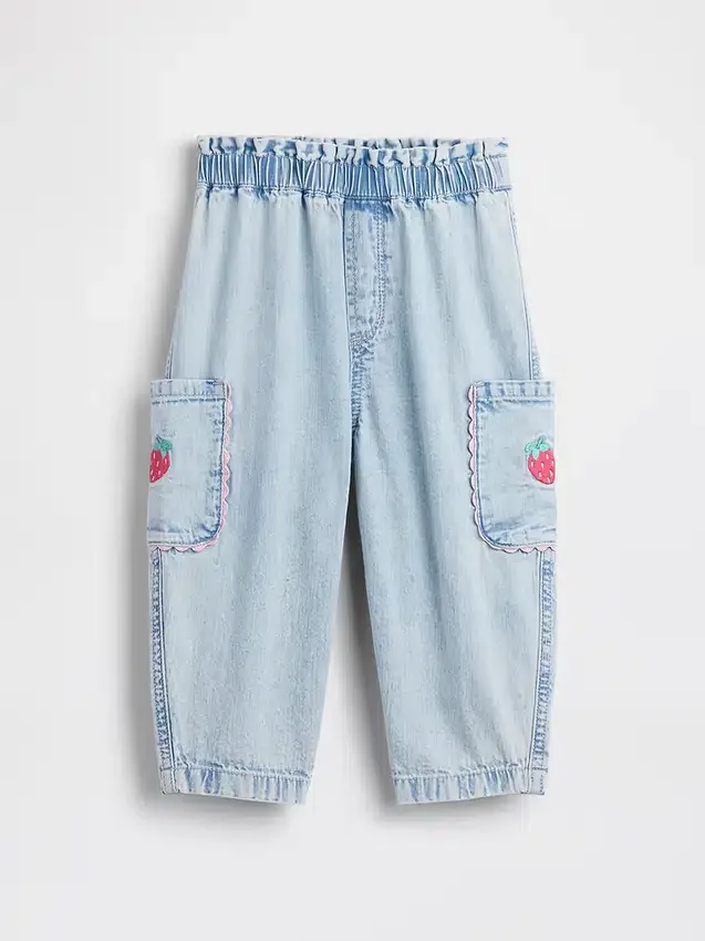 Baby og Småbarn-Jeans med jordbærmotiv, barrel-modell og cargo-lommer