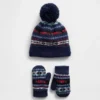 Baby og Småbarnssett med Fair Isle-lue med pompon og votter