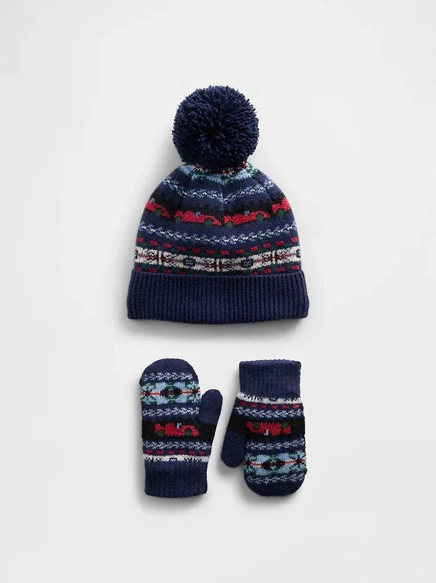 Baby og Småbarnssett med Fair Isle-lue med pompon og votter
