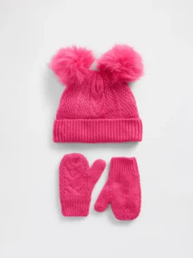Baby og Småbarnssett med kabelstrikket lue med pompon og votter