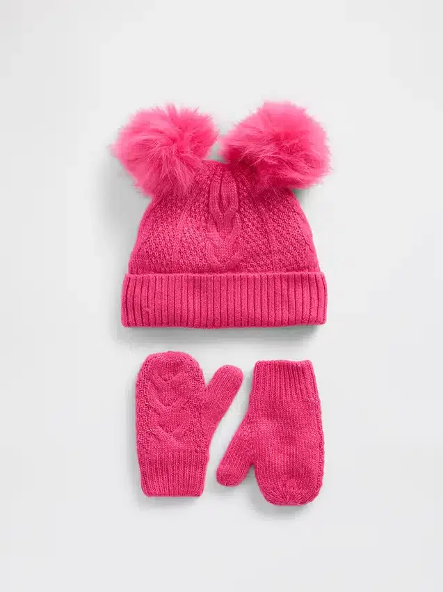 Baby og Småbarnssett med kabelstrikket lue med pompon og votter