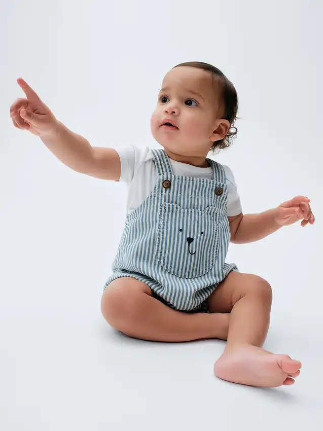 Baby-overalls i denim med striper, bjørnelomme og bobleform