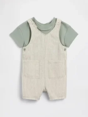 Baby-sett med kort overalls i lin-bomull