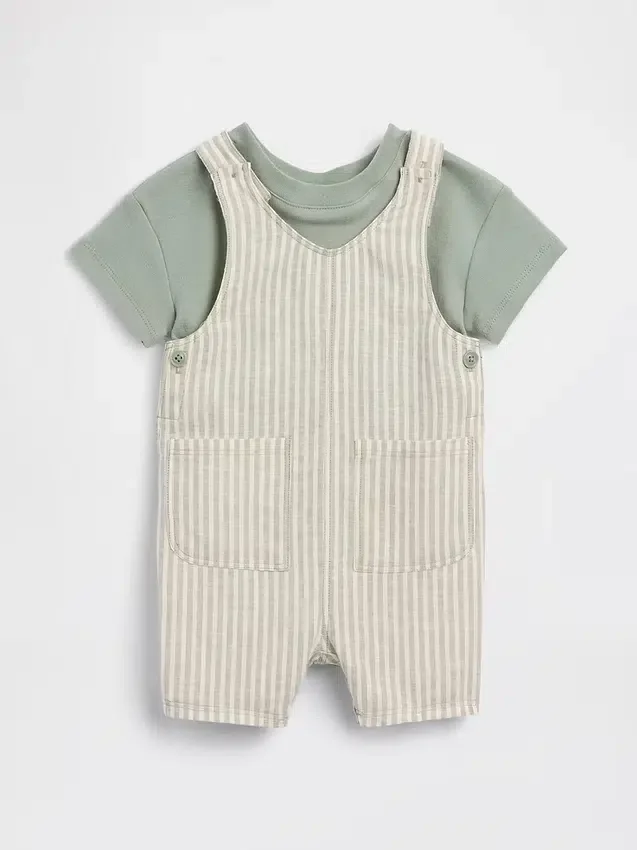 Baby-sett med kort overalls i lin-bomull