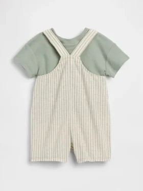 Baby-sett med kort overalls i lin-bomull