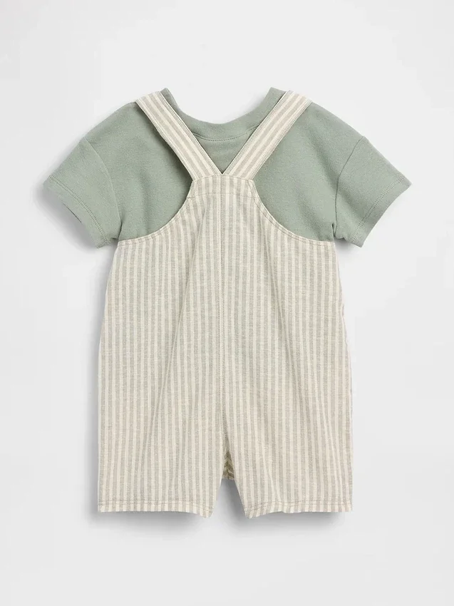 Baby-sett med kort overalls i lin-bomull