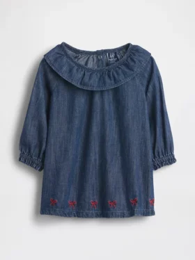 Babykjole i denim med volangkrage