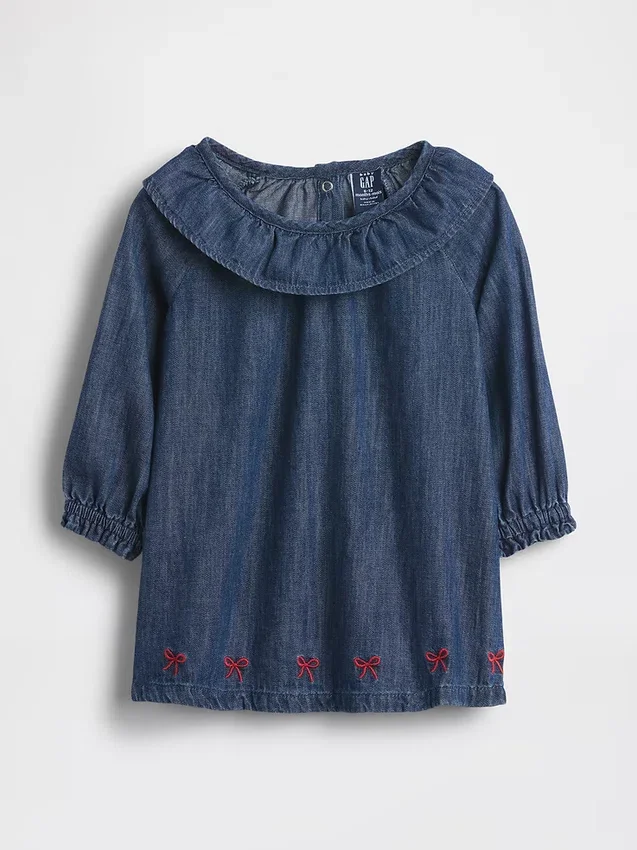 Babykjole i denim med volangkrage