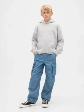 Baggy cargo-joggebukser i denim for barn