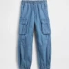 Baggy cargo-joggebukser i denim for barn