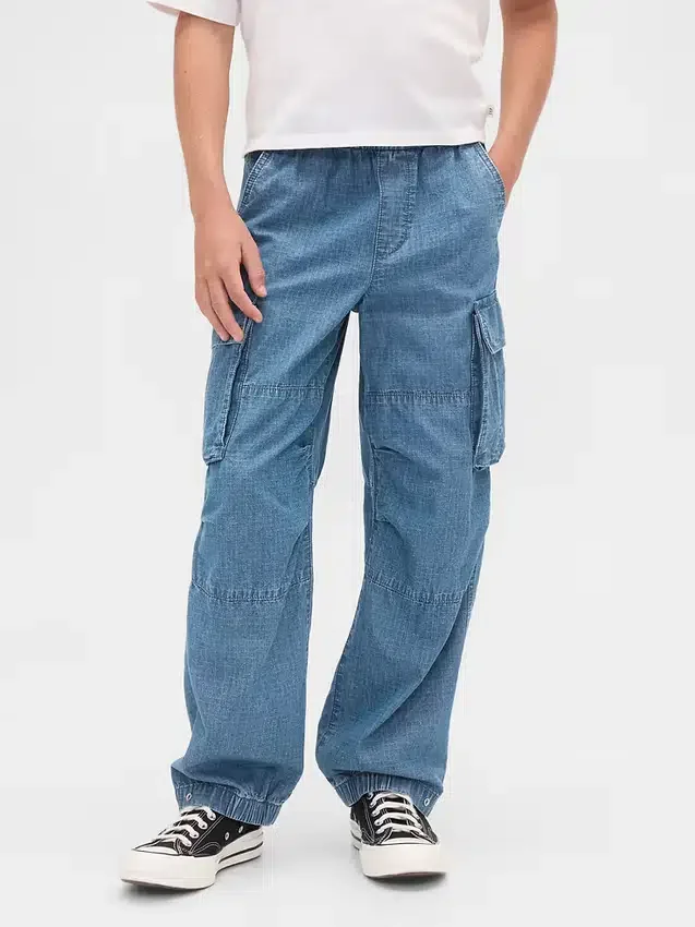 Baggy cargo-joggebukser i denim for barn