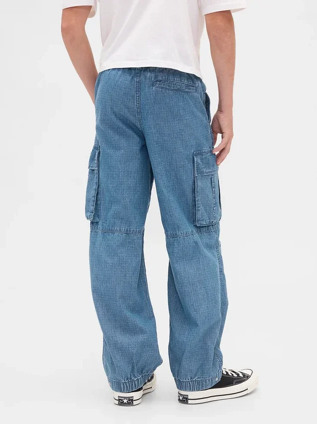 Baggy cargo-joggebukser i denim for barn