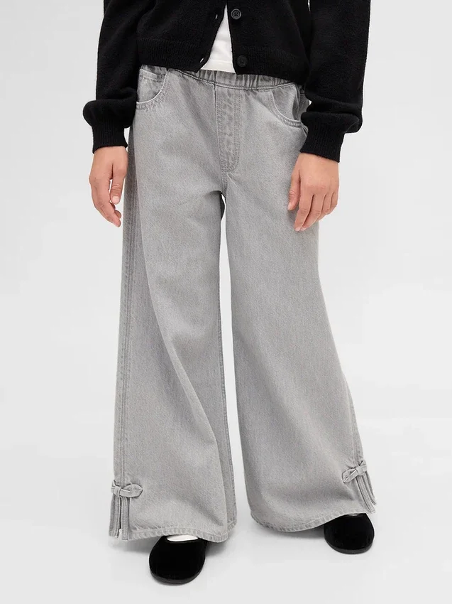 Baggy-Jeans for barn med lav midje, sløyfe og splittet kant