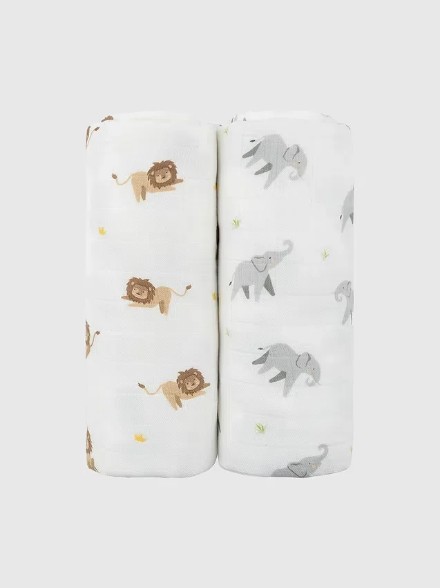 Bambus-svøpesett med liten løve og elefant