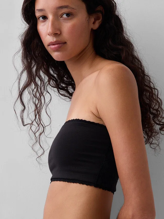 Bandeau-bralette i økologisk stretchbomull med blonder