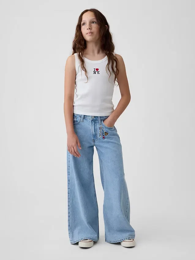 Barn, lav midje, broderte «I Heart NY»-baggy-Jeans