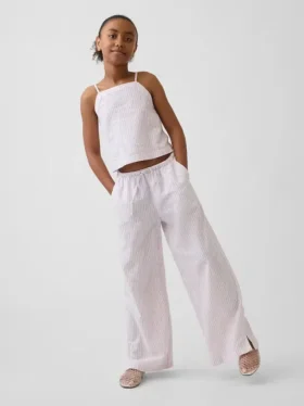 Barn: Linen-bomullsbukser med vid benvidde og enkel påkledning