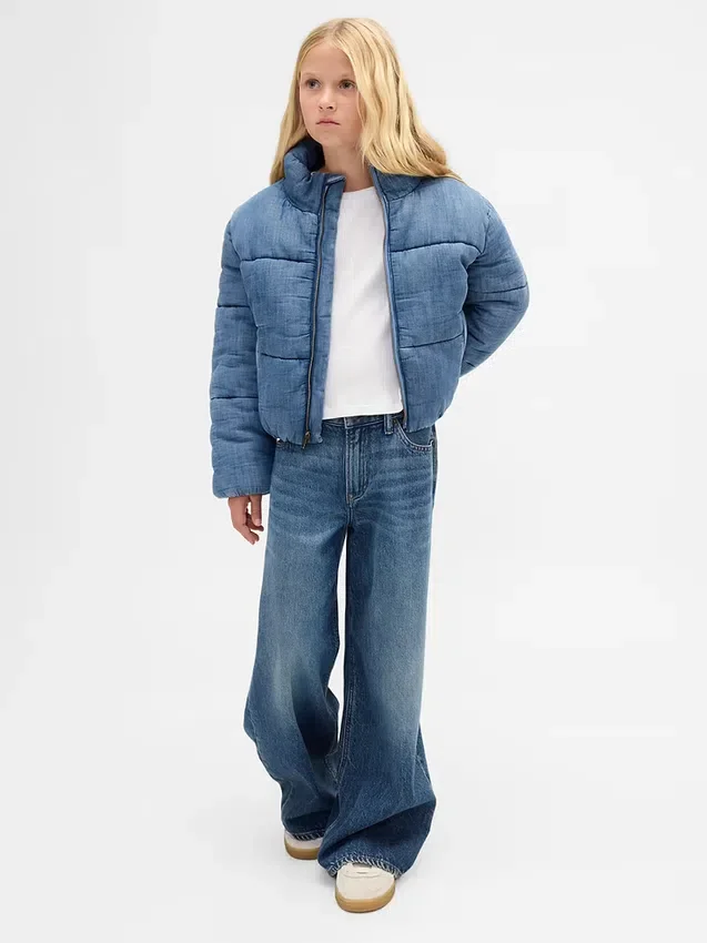 Barnas myk, vattert denimjakke med fleecefôr