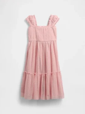 Barnedress i mesh med volanger og korte ermer