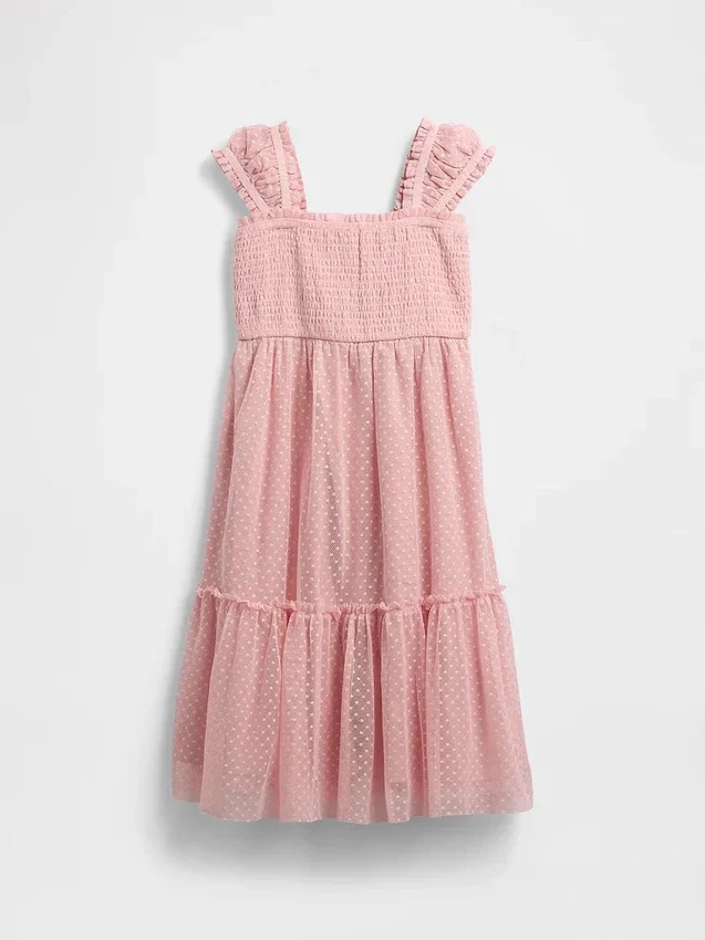 Barnedress i mesh med volanger og korte ermer