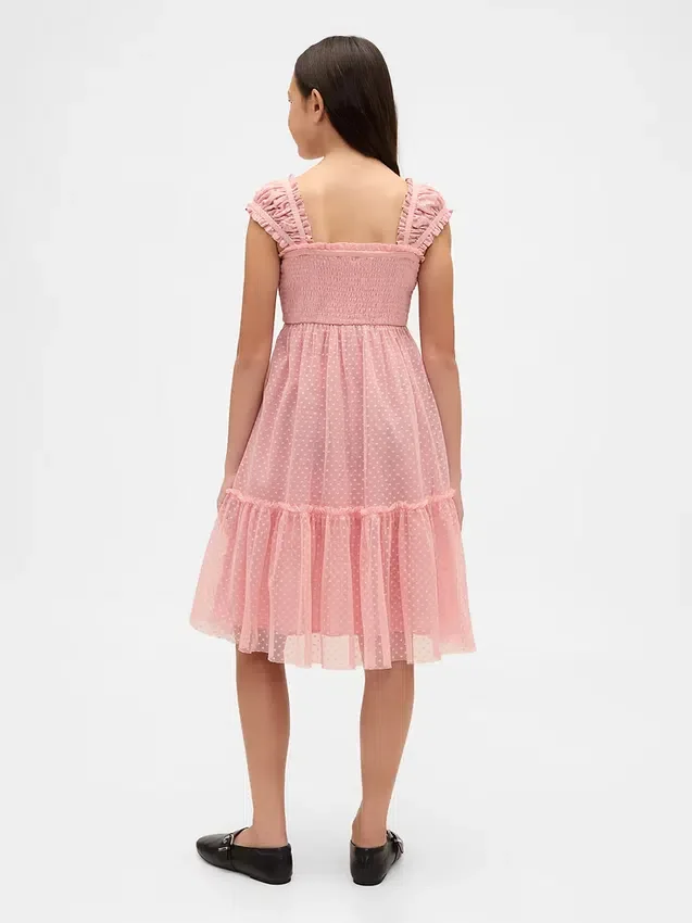 Barnedress i mesh med volanger og korte ermer