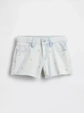 Barneshorts i lav midje med broderi i sitronfarget denim
