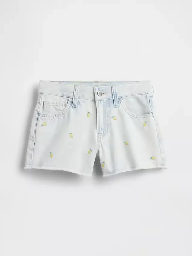 Barneshorts i lav midje med broderi i sitronfarget denim