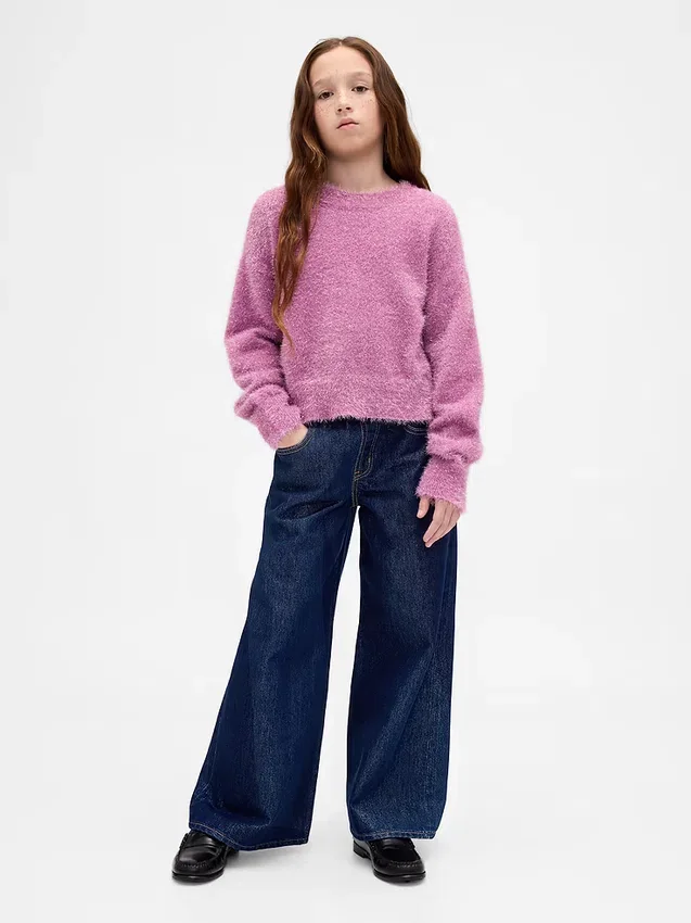 Barnesjeans med lav midje, løs passform og metallisk glans