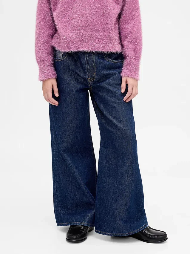 Barnesjeans med lav midje, løs passform og metallisk glans