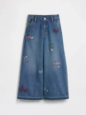Børnejeans med lav midje, broderte og baggy