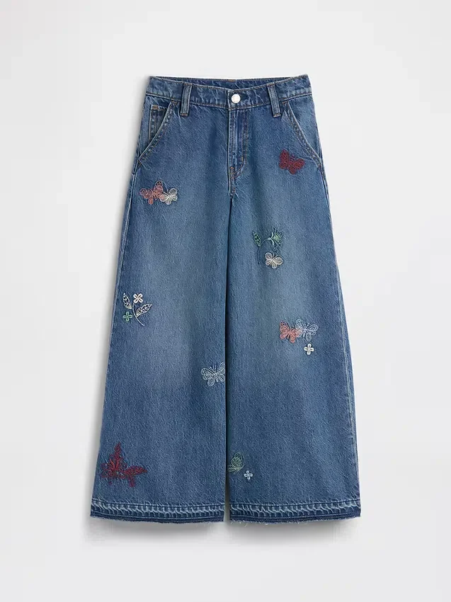 Børnejeans med lav midje, broderte og baggy