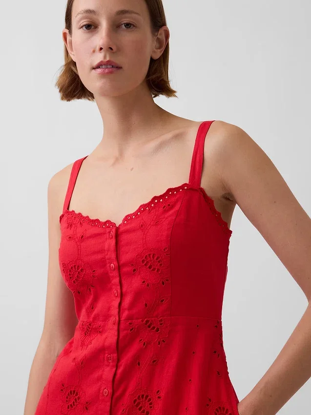 Brodert maxi-kjole i linblanding med spaghettistropper