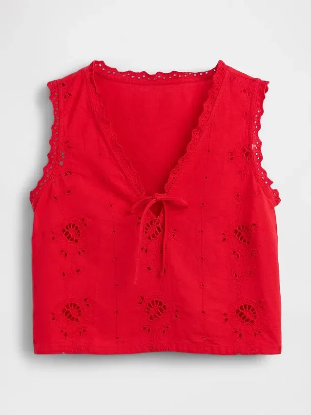 Broderte, korte topper i linblanding