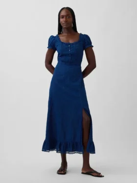 Broderte maxi-kjole med puffermmer