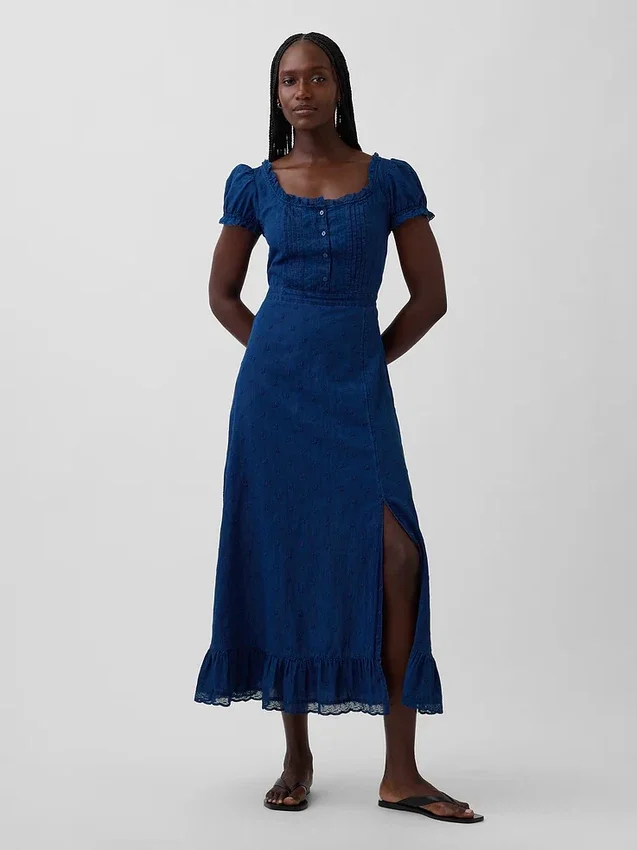 Broderte maxi-kjole med puffermmer